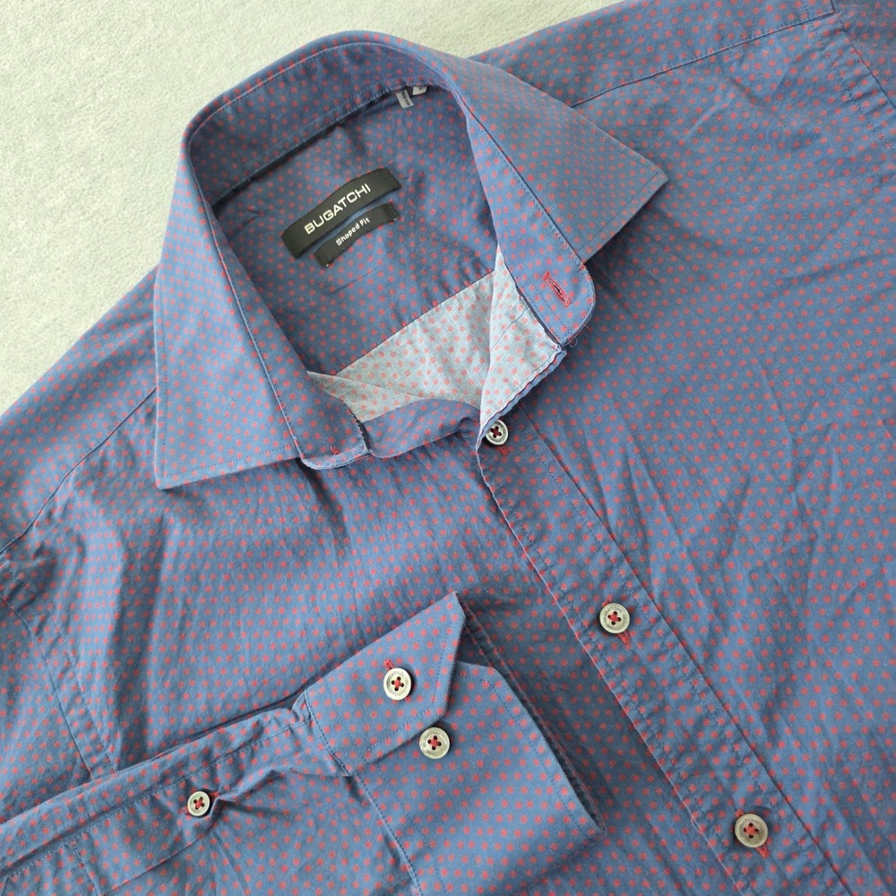 Bugatchi Mens Shaped Fit Long Sleeve Polka Dot Button Down Shirt Blue Red Small